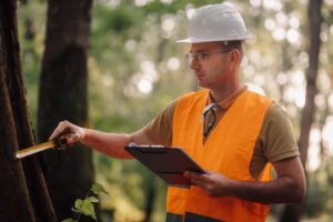 Certified arborist measuring a tree trunk as part of a professional tree health assessment